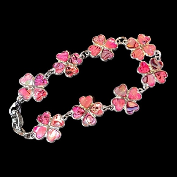 Vintage Silver and Pink Abalone 4 Leaf Clover Bracelet - Ladder Clasp - Picture 5 of 5